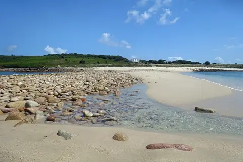 Photo of St Agnes and Gugh, an island in Cornwall, south west England.