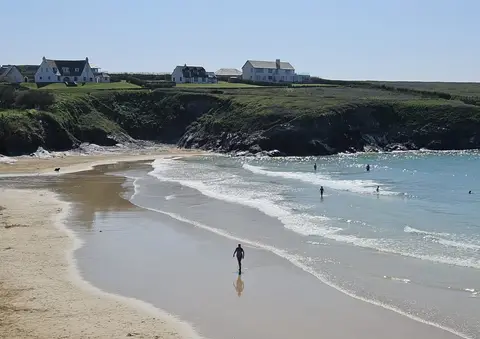 Photo of Treyarnon Bay, a swimming spot near Padstow, Cornwall, south west England.