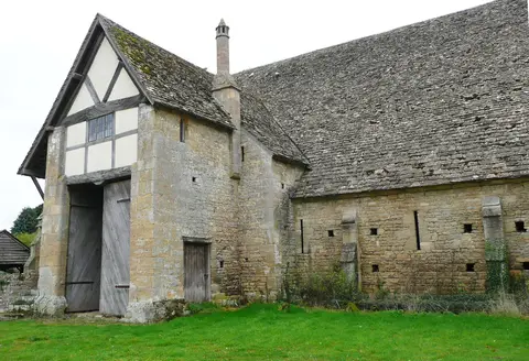 Photo of Bredon Tithe Barn, an ancient site in Worcestershire, central England.