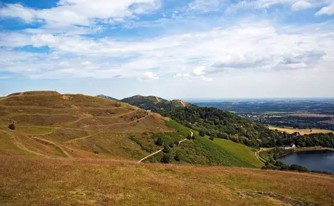 Photo of British Camp (Herefordshire Beacon), a hillfort near Hanley Swan in the Malvern Hills, Worcestershire, central England.
