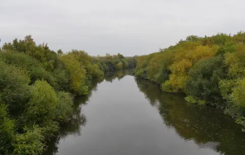 Photo of the Aire & Calder Navigation, a 34-mile river navigation running from Leeds to Goole, northern England.
