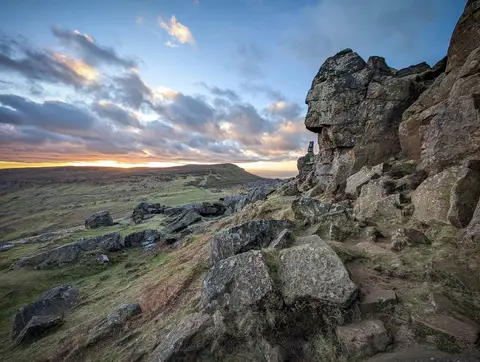 Photo of The Wainstones, a rock formation near Battersby in the North York Moors, North Yorkshire, northern England.