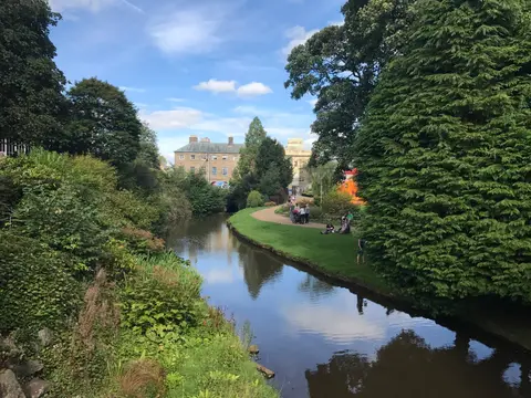 Photo of Pavilion Gardens, Buxton, a Grade II* registered house & garden in Derbyshire, central England.