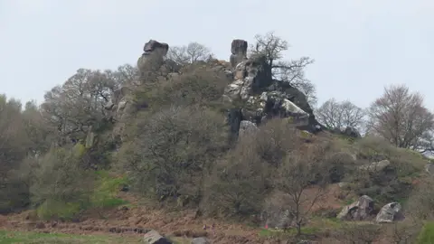 Photo of Robin Hood's Stride, a rock formation near Birchover in the Peak District, Derbyshire, central England.