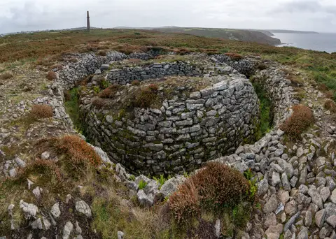 Photo of Ballowall Barrow, a chambered tomb near Sennen Cove, Cornwall, south west England.