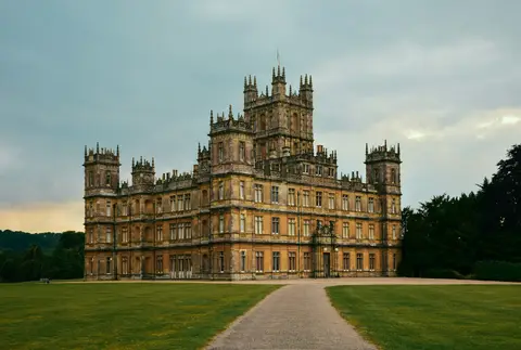Photo of Highclere Castle, a Grade I registered house & garden near Kingsclere in the North Wessex Downs, Hampshire, south east England.