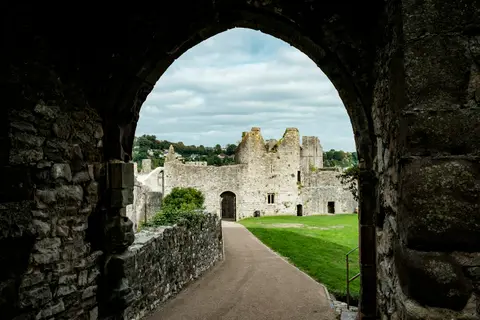 Photo of Chepstow Castle, a ruined castle in the Wye Valley, Monmouthshire, south east Wales.