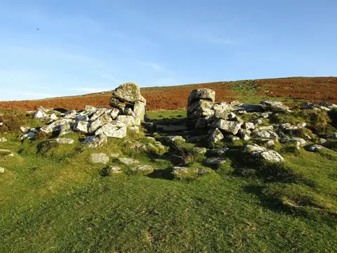 Photo of Grimspound, a prehistoric village near Widecombe-in-the-Moor in Dartmoor, Devon, south west England.