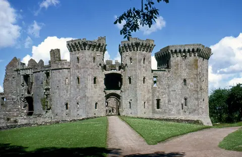 Photo of Raglan Castle, a ruined castle near Bettws Newydd, Monmouthshire, south east Wales.