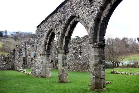 Photo of Cymer Abbey, a ruined abbey near Dolgellau in Eryri, Gwynedd, north Wales.