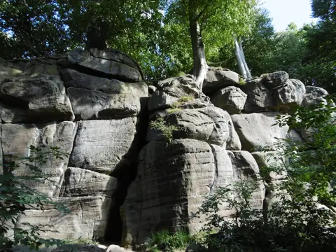 Photo of Harrison's Rocks, a rock formation near Groombridge in the High Weald, East Sussex, south east England.
