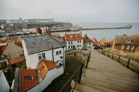 Photo of Whitby 199 Steps, a landmark in North Yorkshire, northern England.