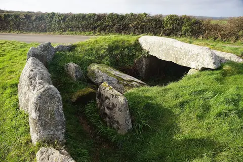 Photo of Tregiffian Burial Chamber, a chambered tomb near Mousehole, Cornwall, south west England.