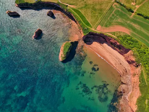 Photo of Ladram Bay, a swimming spot near Otterton, Devon, south west England.