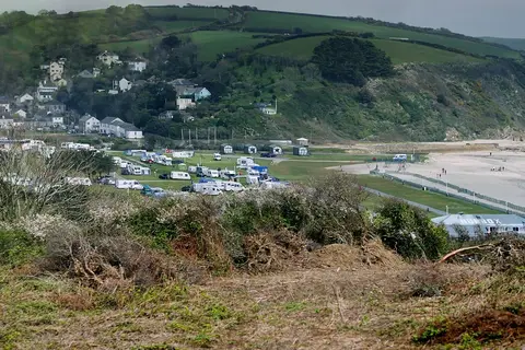 Photo of Pentewan, a swimming spot near Mevagissey, Cornwall, south west England.