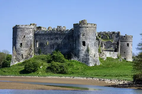 Photo of Carew Castle, a ruined castle near St Florence, Pembrokeshire, south west Wales.