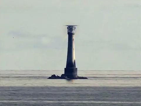 Photo of Bishop Rock Lighthouse, a lighthouse in Cornwall, south west England.