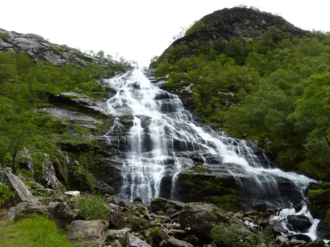 Photo of Steall Falls, a waterfall near Kinlochleven in Ben Nevis and Glen Coe, Highland, the Scottish Highlands and Islands.
