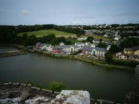 Photo of Pembroke Castle, a ruined castle near Stackpole, Pembrokeshire, south west Wales.