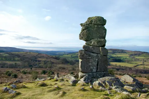 Photo of Bowerman's Nose, a rock formation near Lustleigh in Dartmoor, Devon, south west England.