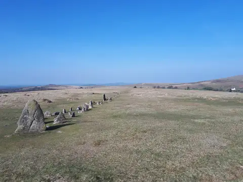 Photo of Merrivale Prehistoric Settlement, a stone row near Postbridge in Dartmoor, Devon, south west England.