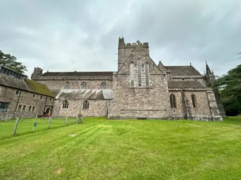 Photo of Brecon Cathedral, a church in Bannau Brycheiniog, the Powys, mid Wales.
