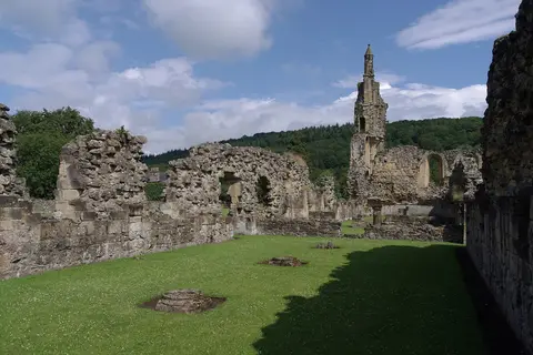 Photo of Byland Abbey, a ruined abbey near Coxwold in the North York Moors, North Yorkshire, northern England.