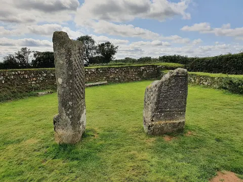 Photo of King Doniert's Stone, an ancient site near Minions, Cornwall, south west England.