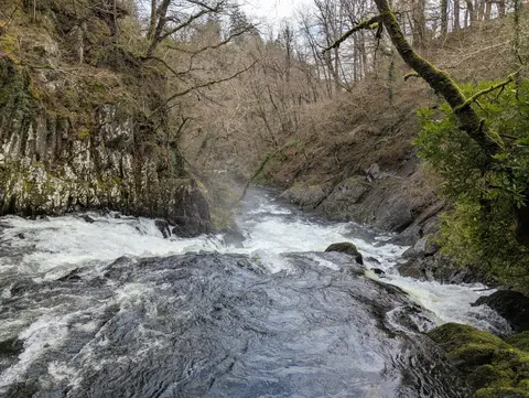 Photo of Swallow Falls (Rhaeadr Ewynnol), a waterfall near Betws-y-Coed in Eryri, Conwy, north Wales.