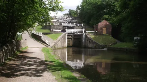 Photo of Bingley Five Rise Locks, a landmark near Saltaire, West Yorkshire, northern England.