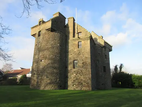 Photo of Claypotts Castle, a ruined castle near Broughty Ferry, Dundee, north east Scotland.