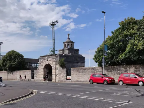 Photo of King James's and Landport Gates, a landmark near Portsmouth, Hampshire, south east England.