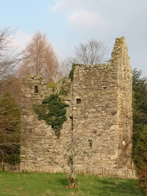 Photo of Comrie Castle, a ruined castle near Kenmore, Perth and Kinross, central Scotland.