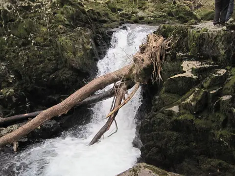 Photo of Skelwith Force, a waterfall near Skelwith Bridge in the Lake District, Cumbria, north west England.