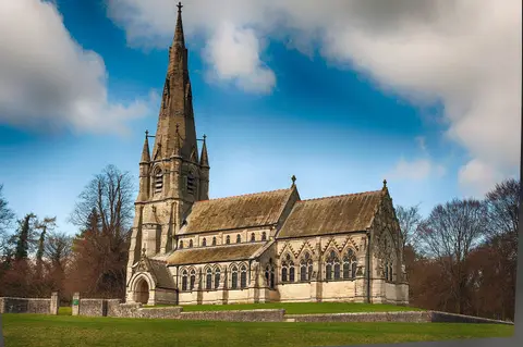 Photo of St Mary's Church, Studley Royal, a ruined church near Ripon in Nidderdale, North Yorkshire, northern England.