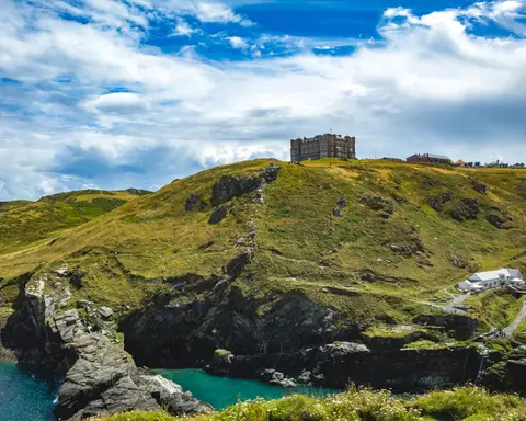 Photo of Tintagel Castle, a ruined castle in Cornwall, south west England.