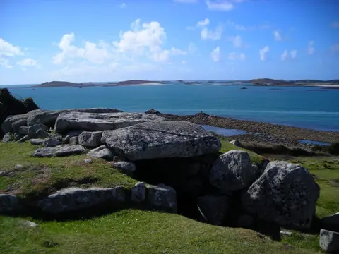 Photo of Bant's Carn and Halangy Down, a chambered tomb in Cornwall, south west England.