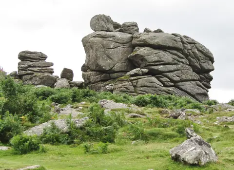 Photo of Hound Tor, a rock formation near Widecombe-in-the-Moor in Dartmoor, Devon, south west England.