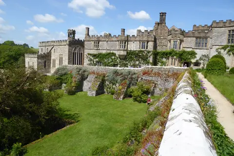 Photo of Haddon Hall, a Grade I registered house & garden near Bakewell in the Peak District, Derbyshire, central England.