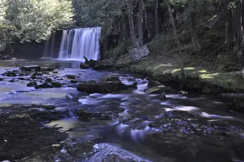 Photo of Sgwd Ddwli Uchaf, a waterfall near Pontneddfechan in Bannau Brycheiniog, the Powys, mid Wales.