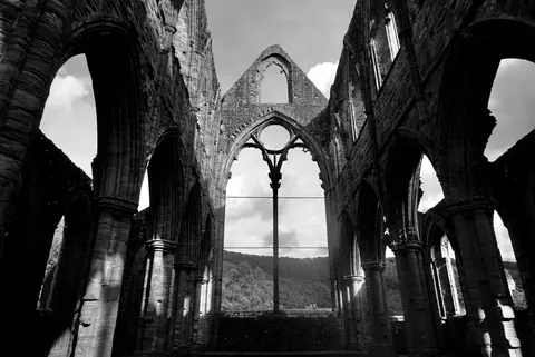 Photo of Tintern Abbey, a ruined abbey in the Wye Valley, Monmouthshire, south east Wales.
