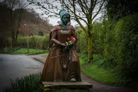 Photo of Alice Nutter Statue, a landmark near Roughlee in the Forest of Bowland, Lancashire, north west England.