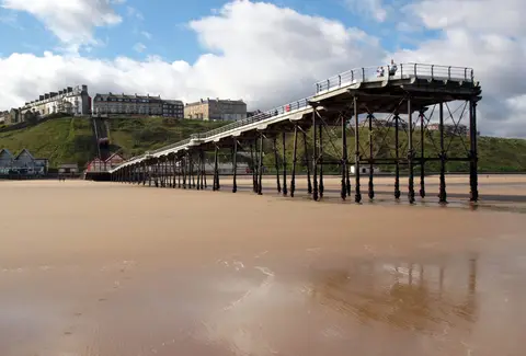 Photo of Saltburn Pier, a landmark near Staithes in the North York Moors, North Yorkshire, northern England.