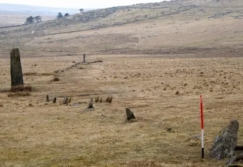 Photo of Upper Plym Valley, a stone row near Bere Ferrers in Dartmoor, Devon, south west England.